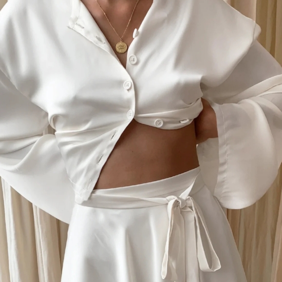 Commense Satin Raw Hem Tied Two Piece Skirt Set - Picture 2 of 11